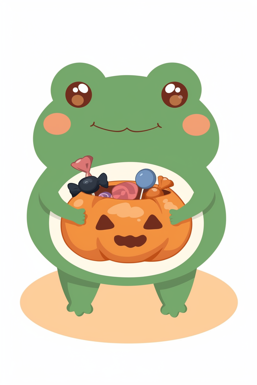 Halloween frog drawing ideas 2 featuring a cute frog holding a pumpkin bucket filled with colorful candies.